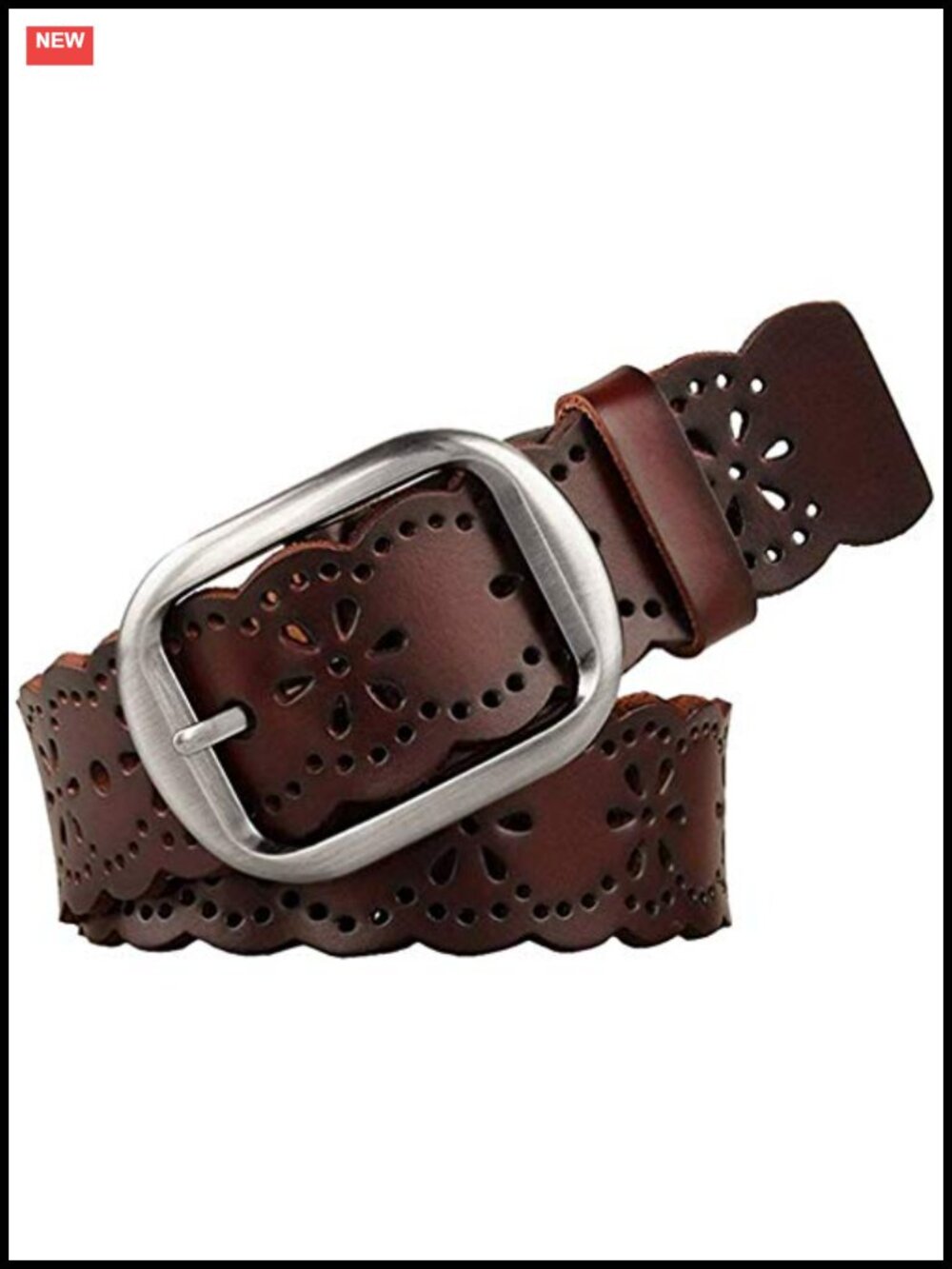 Genuine Leather Wide Belt with Hollow Flower Design for Women